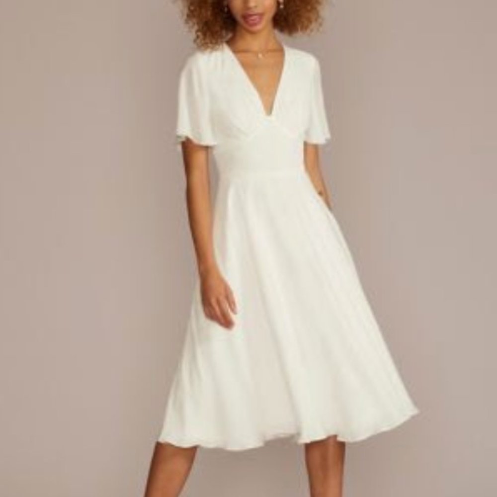 David's Bridal White V‑Neck Midi Dress with Flutter Sleeves